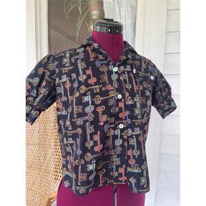 Vintage 1960s Skeleton Key Print Blouse With Puff Sleeves Black Grosgrain Size S